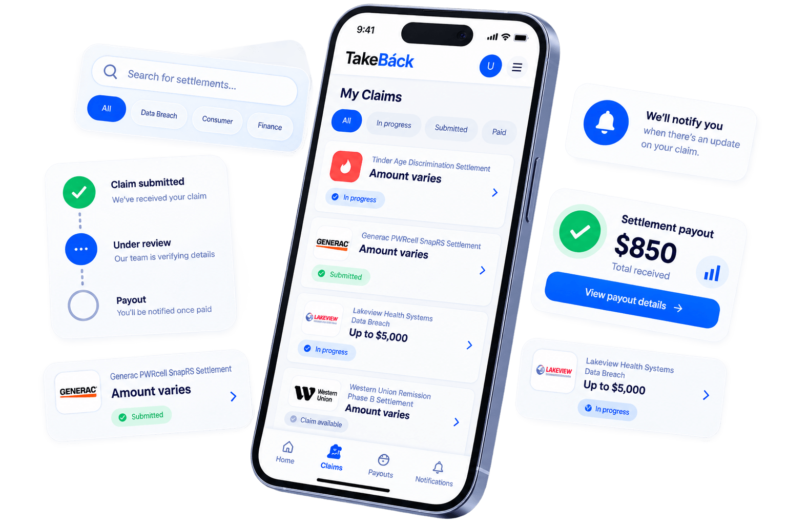 TakeBack app showing claims in progress and an $850 settlement payout received