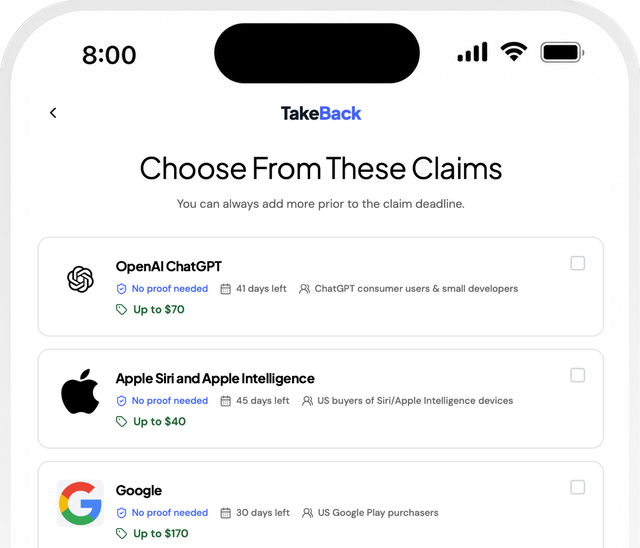 Select your claims in the TakeBack app